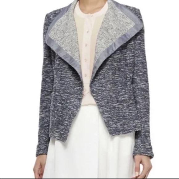 Vince Tweed Open Front Heather Knit Blue Blazer Chambray Trim Career - Picture 1 of 7